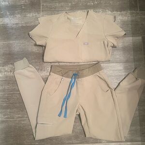 Figs Sandstone Khaki Scrub Set Joggers with Blue Drawstring and Catarina Top